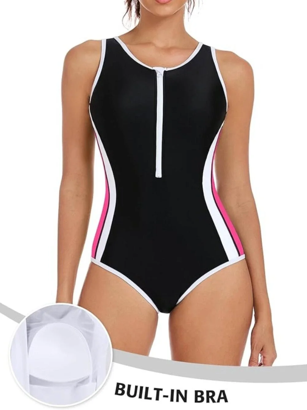 ✨ ATTRACO Athletic Swimsuit Women One Piece Bathing Suit Zipper Swimwear L NWT